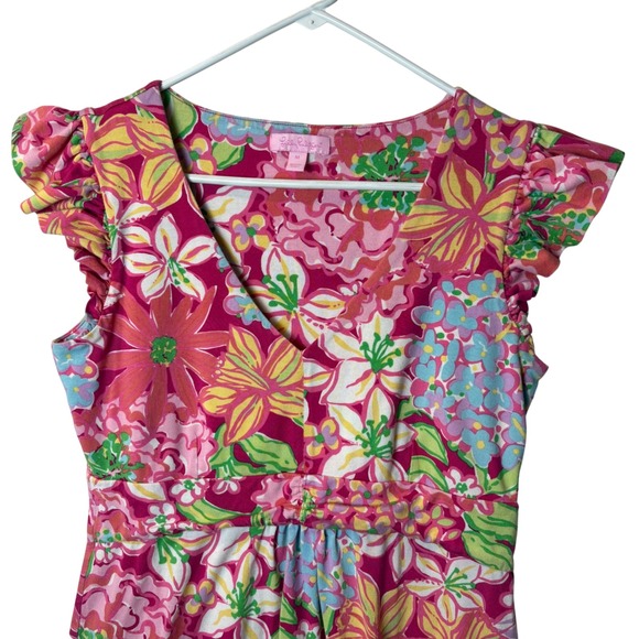 Lilly Pulitzer Pink Floral Cottagecore Silk Blend Ruffle Sleeve Summer Dress M - Picture 2 of 9